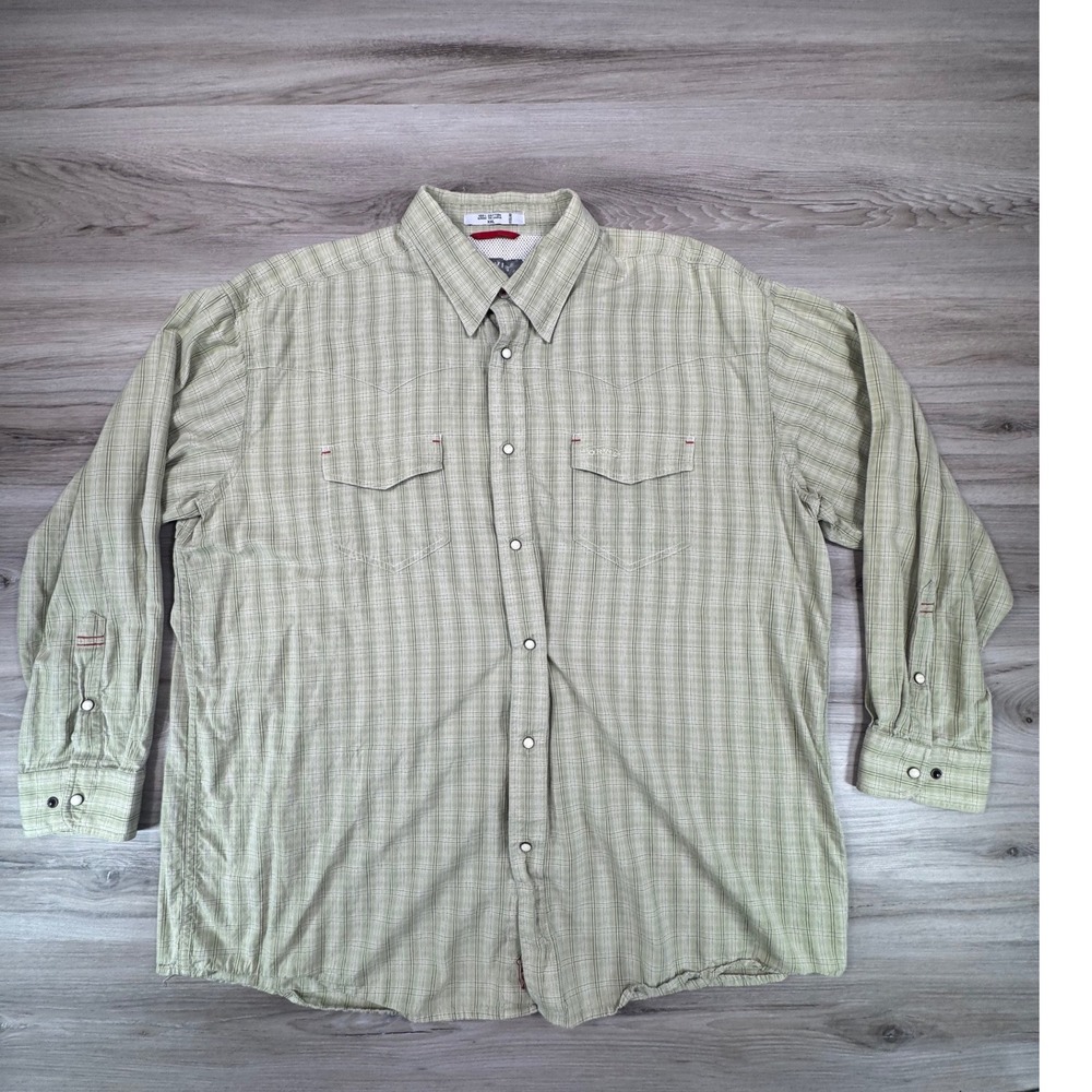 Orvis‎ Trout Bum Mens XXL Sage Green Plaid Western Pearl Snap Fishing Shirt